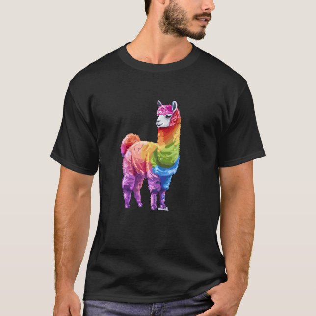 Pridet Llama Alpaca Rainbow T Shirt (Framsida)
