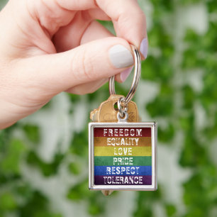 Pridet Modern Rainbow Rand Flagga Fyrkantig Silverfärgad Nyckelring