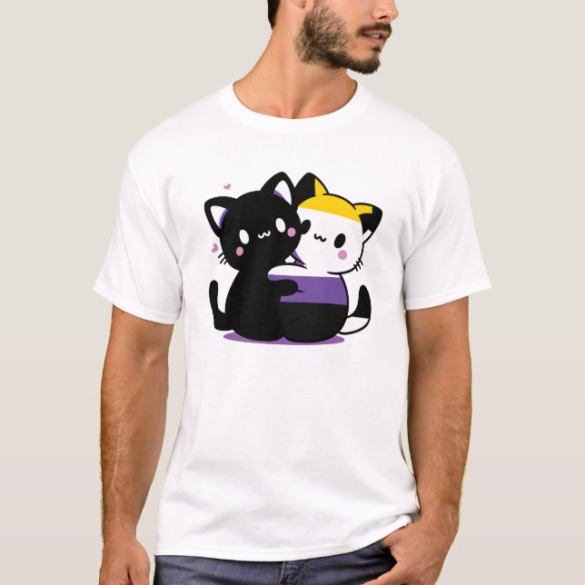 Pridet Subtle Non Binary Kawaii Yin Yang Cats T Shirt (Framsida)