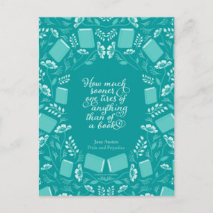 Pridet Teal Blommigt & Prejudice Bookish Quote Vykort