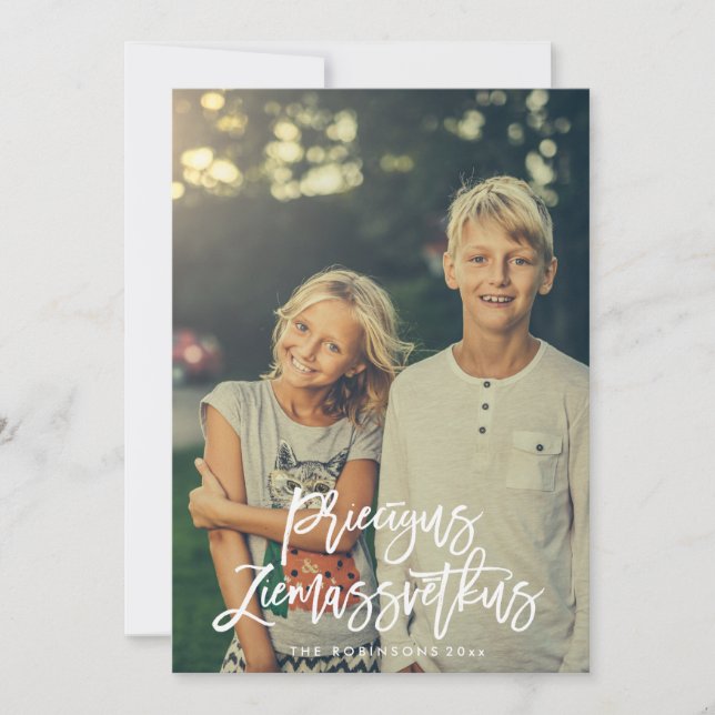 Priecigus Ziemassvetkus Script Photo Hälsning Kort (Framsida)