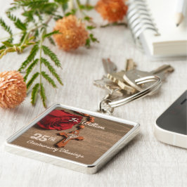 Priest 25:e ordination-årsdagen Ro och Rosary Fyrkantig Silverfärgad Nyckelring