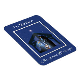 Priest Christmas Blessings, Nativity Scene on Blue Magnet