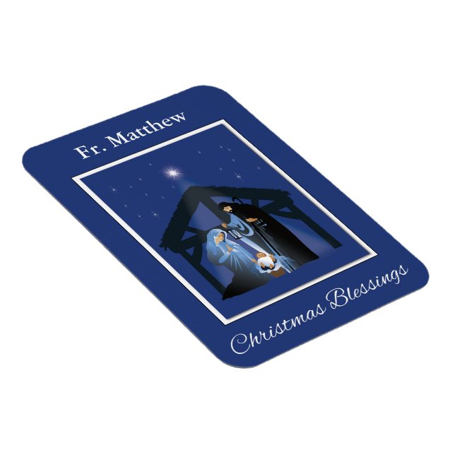 Priest Christmas Blessings, Nativity Scene on Blue Magnet (Högersidan)