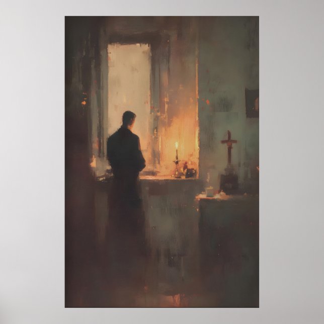 Priest Praying By Candlelight, Christian Wall Art Poster (Framsidan)