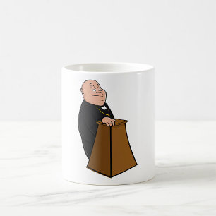 Priest stående vid en pulspoäng kaffemugg