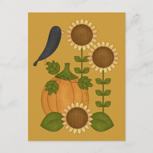Prim Autumn Kråka Pumpkin och Solblommor Vykort (Framsida)
