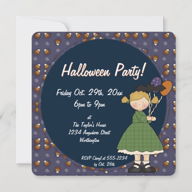 Prim Halloween Barn Party bjudan Girl 4 Inbjudningar (Framsida)
