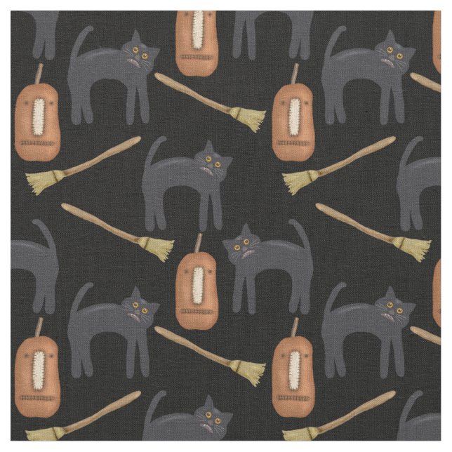 Prim Halloween Cats, Pumpkins, Brooms, 56-tums Fab Tyg (Närbild)