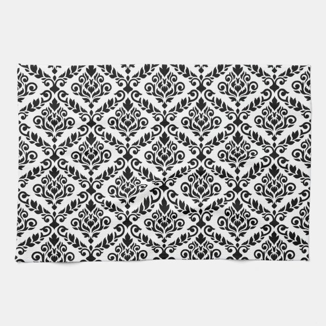 Prima Damask Pattern Black on White Kökshandduk (Horisontell)
