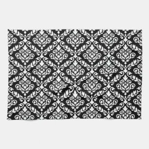 Prima Damask Pattern White på Black Kökshandduk