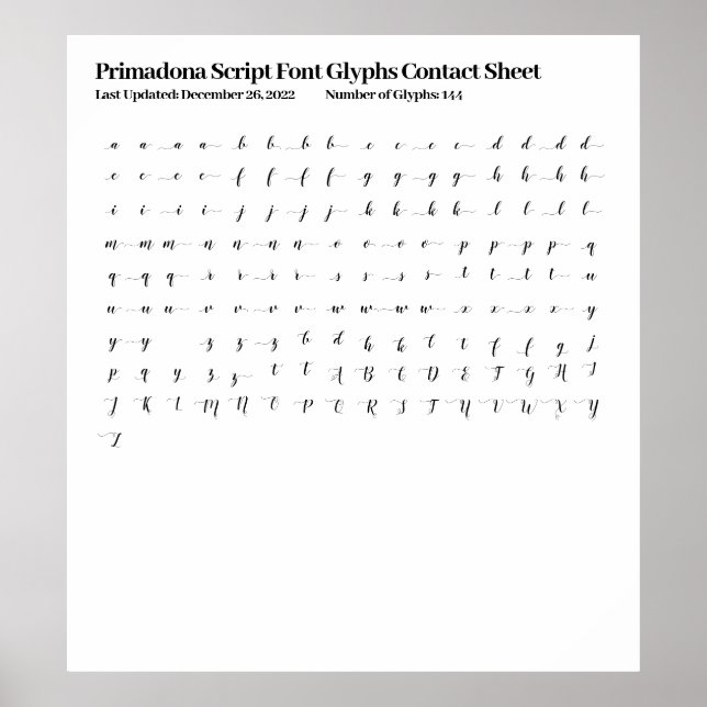 Primadona Script-teckensnittsdiagram kontakt Lakan Poster (Framsidan)