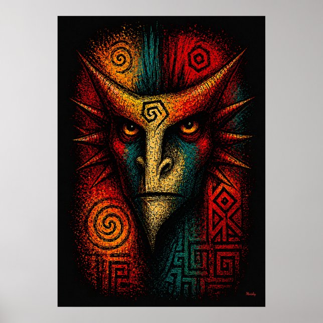 Primal Spirit Mask Abstrakt Konst – Expressionist Poster (Framsidan)