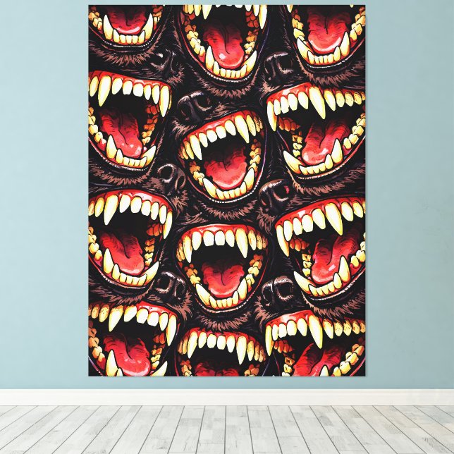 Primal Wolf Pack Snarling Fangs Horror Pop Art Canvastryck (Insitu (trägolv))