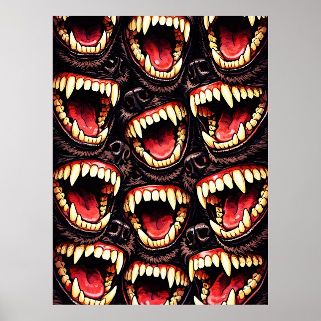 Primal Wolf Pack Snarling Fangs Horror Pop Art Poster (Framsidan)