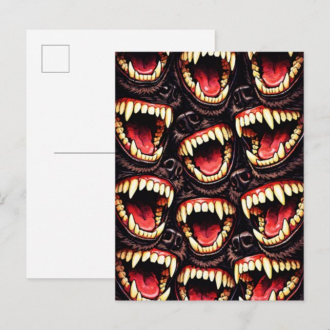 Primal Wolf Pack Snarling Fangs Horror Pop Art Vykort (Fram/baksida)
