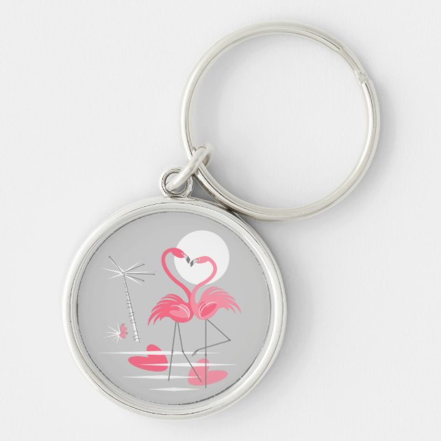 Primärkedjerunda för Flamingo Kärlek Rund Silverfärgad Nyckelring (Framsidan)