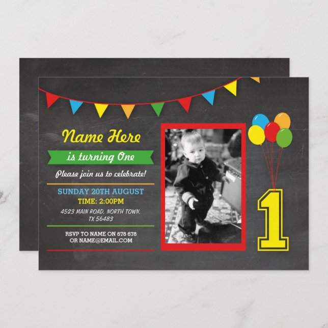 Primärt Färg födelsedag flickor pojkar första foto Inbjudningar (Fram/baksida)