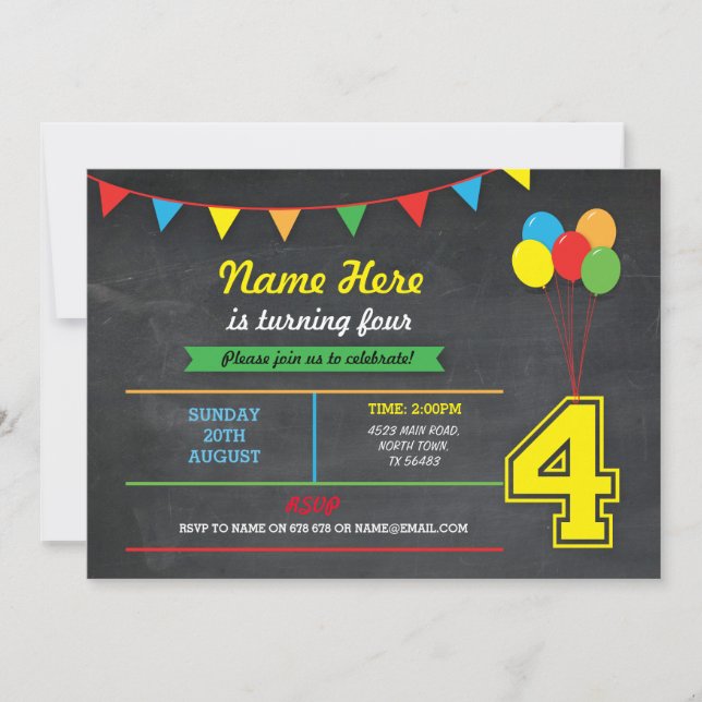 Primärt Färg-födelsedagstjockar, fyrafjärde Inbjud Inbjudningar (Framsida)