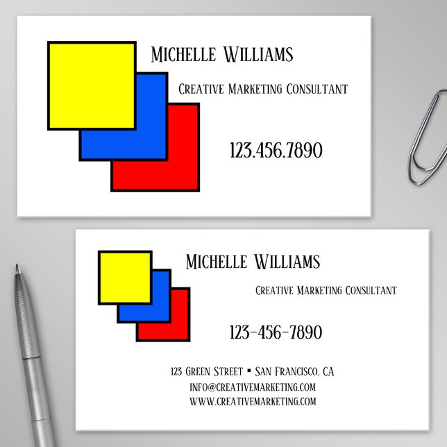 Primärt Färg Kreativ Marknadsföring Affärskort Visitkort (Business card featuring a Mondrian inspired design in primary colors)
