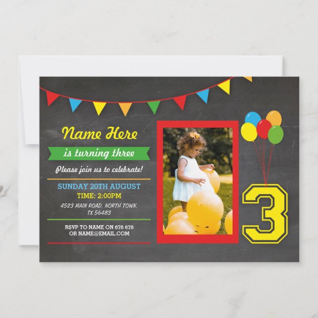 Primärt foto från Färg födelsedag Flickor Boys 3:e Inbjudningar (Framsida)