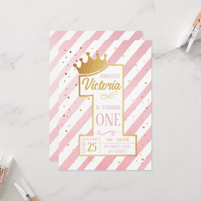 Primer cumpleaños de la Princesa Inbjudningar (Fram/Back In Situ)