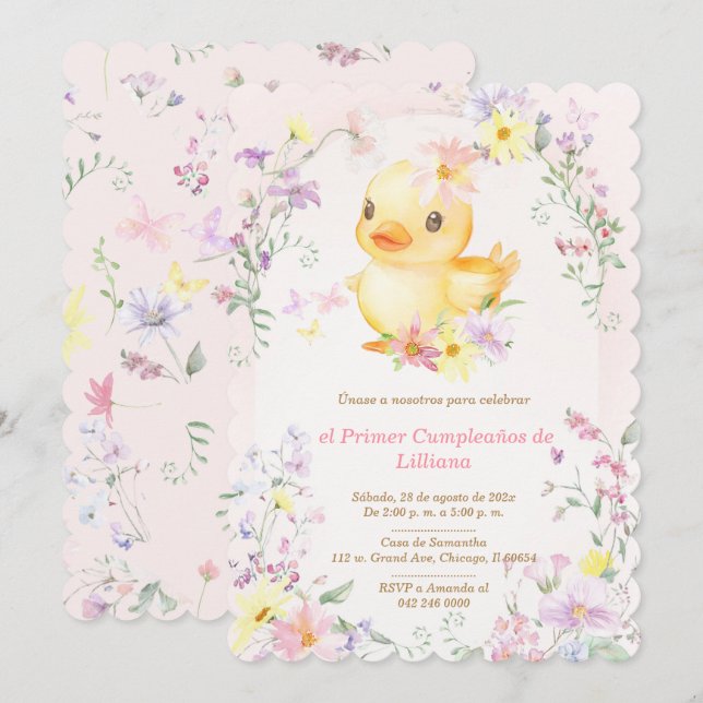 Primer Cumpleaños Pato de Goma Rosa para Niña Inbjudningar (Fram/baksida)