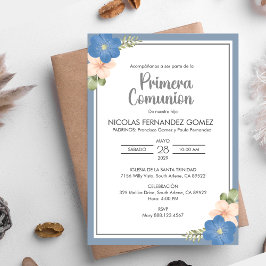 Primera Comunion Blåa blommor First Communion Inbjudningar