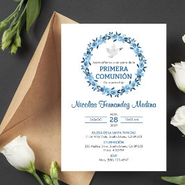 Primera Comunion Blåa blommor First Heliga Communi Inbjudningar