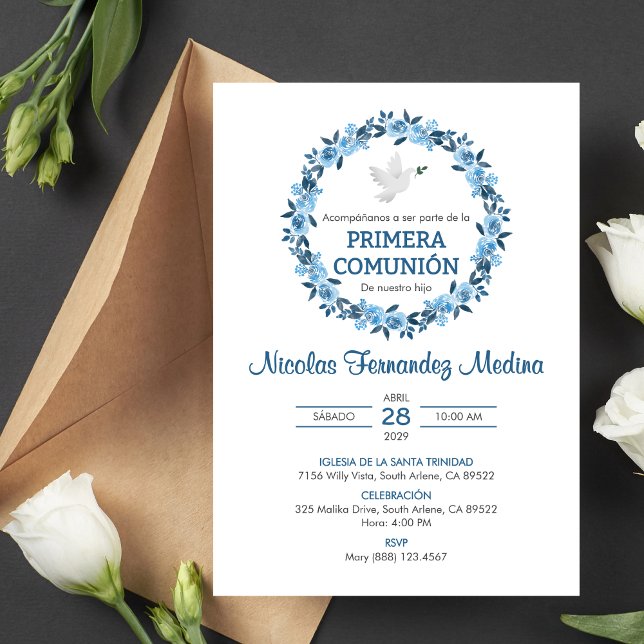 Primera Comunion Blåa blommor First Heliga Communi Inbjudningar (Skapare uppladdad)