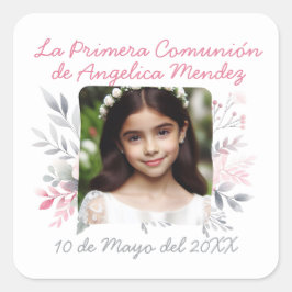 Primera Comunión con Foto y Flores spansk Fyrkantigt Klistermärke