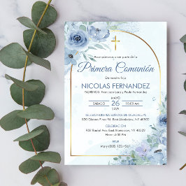 Primera Comunion Cute Blåa blommor First Communion Inbjudningar