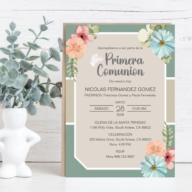Primera Comunion Cute Rosa Flowers First Communion Inbjudningar (Skapare uppladdad)