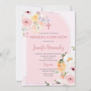 Primera comunión färg rosa con flores inbjudningar