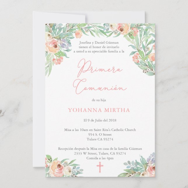 Primera Comunion, Girl First Communion på spanska Inbjudningar (Framsida)