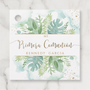Primera Comunion Greenery & Blue Grönt Watercolor Gåvor Etiketter