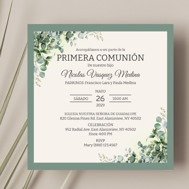 Primera Comunion Grönt Lövs Boy First Communion Inbjudningar (Skapare uppladdad)