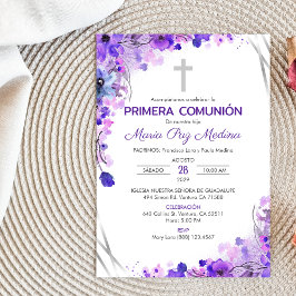 Primera Comunion-inbjudan Cute Lila blommor Inbjudningar