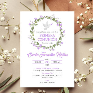 Primera Comunion Lila blommor First Communion Inbjudningar