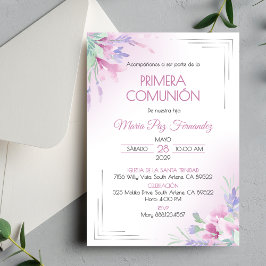 Primera Comunion Lila blommor First Communion Inbjudningar