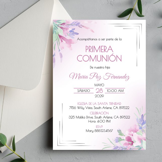 Primera Comunion Lila blommor First Communion Inbjudningar (Skapare uppladdad)