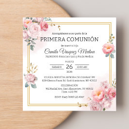 Primera Comunion Rosa ros First Heliga Communion Inbjudningar