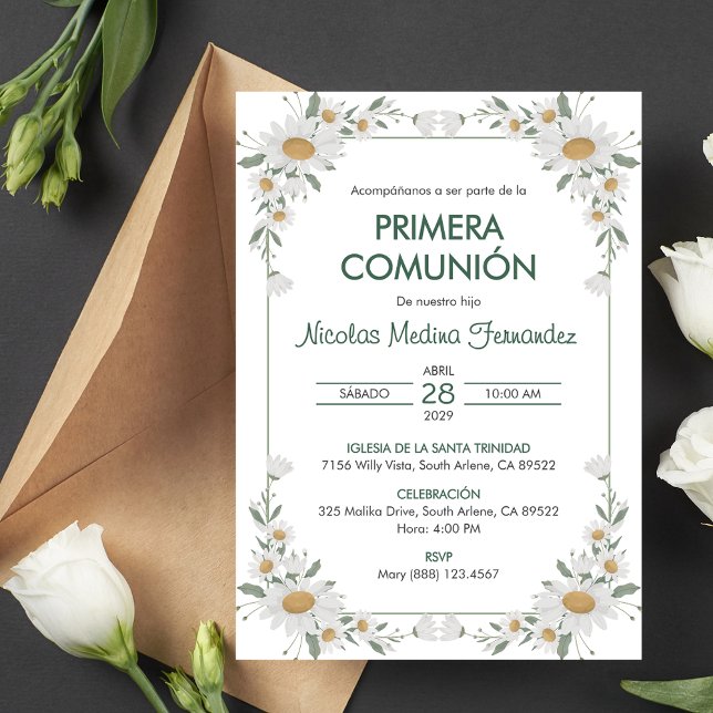 Primera Comunion White Flowers First Communion Inbjudningar (Skapare uppladdad)