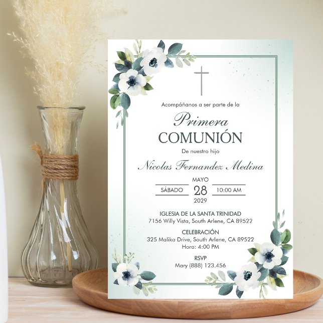 Primera Comunion White Flowers First Communion Inbjudningar (Skapare uppladdad)