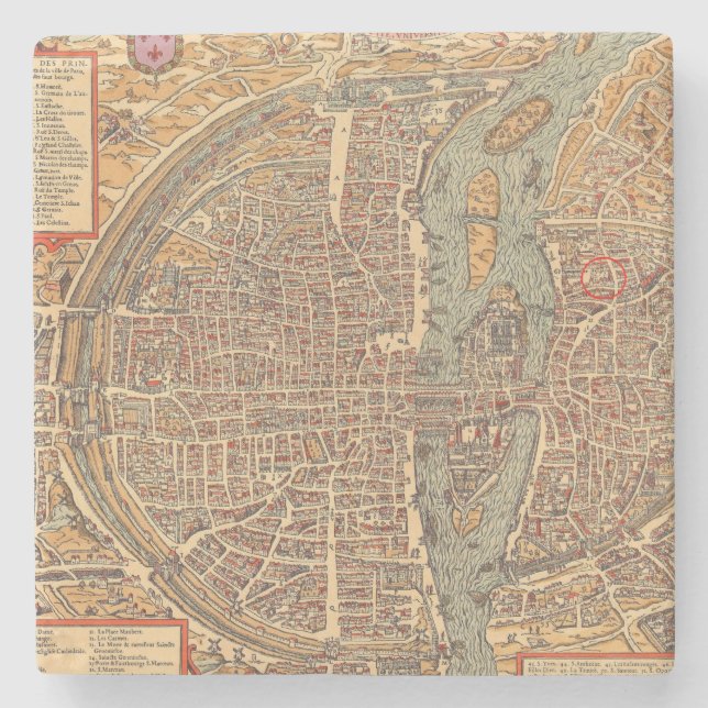 Primitiv antik karta av Paris frankriken Underlägg Sten (Framsidan)