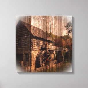 Primitiv barn Wood-jordbruksfabrik vatten-hjul Canvastryck