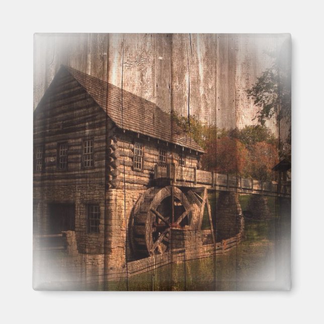 Primitiv barn Wood-jordbruksfabrik vatten-hjul Magnet (Framsidan)