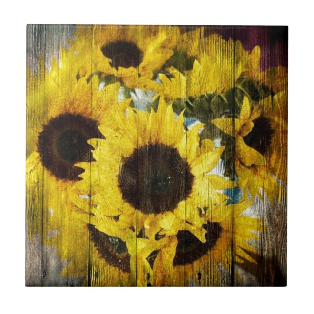 Primitiv barn Wood Western Land Sunblommor Kakelplatta (Framsidan)