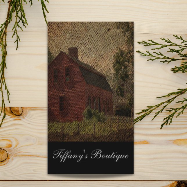 Primitiv burlap land-odlad lada visitkort (Primitive burlap country farmhouse red barn business card)