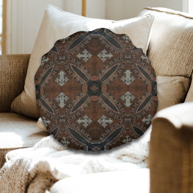 Primitiv cowboyläder western land rund kudde (Primitive cowboy western country Tooled Leather Round Pillow)